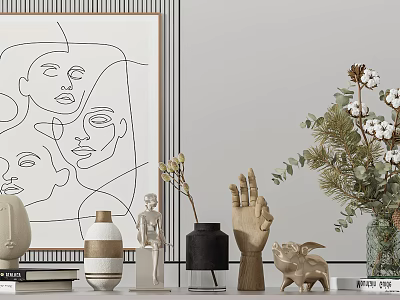 Modern Minimalist Decorative Ornament Set With Line Art Painting Vases Sculptures And Green Plants 3d model
