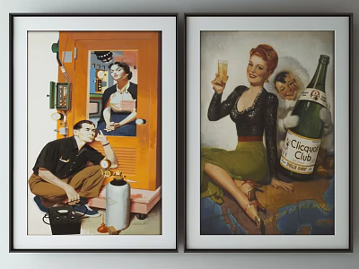 Vintage Art Prints With Telephone Booth Man Drink Cooler Woman Champagne Glass Clicquot Club Bottle 3d model