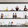 Various Wine Bottles and Glasses Neatly Displayed on a Modern Black Shelf