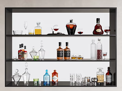 Various Wine Bottles and Glasses Neatly Displayed on a Modern Black Shelf 3d model