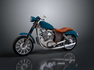Vintage Teal Motorcycle With Brown Leather Seat And Chrome Engine Details On Shiny Surface 3d model