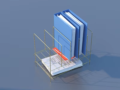 Practical Household Organizer with Gold Metal Rack Blue Folders Red Labeled Book and Papers 3d model