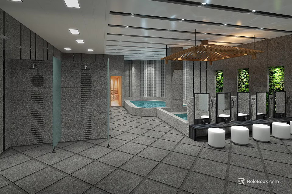 Modern Clubhouse Interior With Hot Spring Pool Rest Area Mirrors And White Stools 3d model 