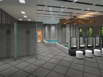 Modern Clubhouse Interior With Hot Spring Pool Rest Area Mirrors And White Stools 3d model