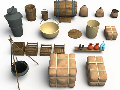Rustic Storage Scene Components Including Wooden Barrels Sacks Crates Buckets And Clay Pots 3d model