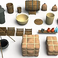 Rustic Storage Scene Components Including Wooden Barrels Sacks Crates Buckets And Clay Pots