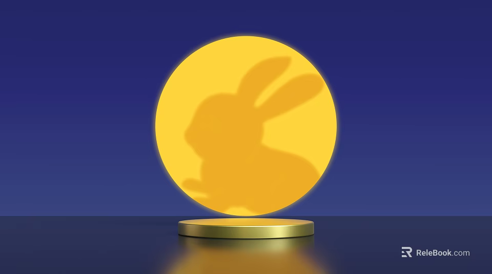 Rabbit Silhouette On Illuminated Yellow Circle With Golden Base And Blue Background 3d model 