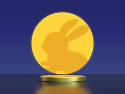 Rabbit Silhouette On Illuminated Yellow Circle With Golden Base And Blue Background 3d model