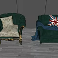 Dark Green Single Sofas With Gold Accents Patterned Cushion Union Jack Pillow And Blue Throw 3d model