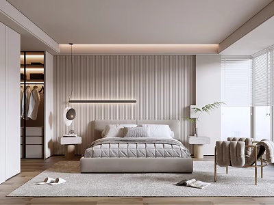 Modern Bedroom Interior With Platform Bed Open Wardrobe And Large Window Blinds 3d model