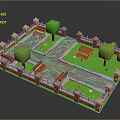 3D Model of Small Courtyard With Orange Fence Green Trees Benches and Lawn Path
