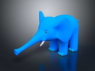 3D Blue Elephant Toy Figure With White Tusks On Dark Reflective Surface 3d model