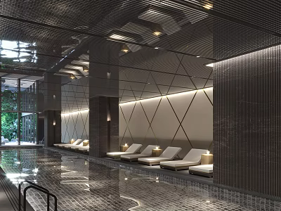Modern Swimming Pool Area With Lounge Chairs Ambient Lighting Tiled Floor And Glass Walls 3d model