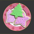 Festive Green and Pink Christmas Tree Star Cookies on Pink Strawberry Pattern Plate with Sprinkles