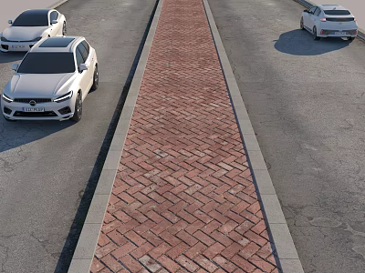 Red Brick Herringbone Paved Pedestrian Walkway Between Gray Vehicle Lanes in Urban Roadway Design 3d model