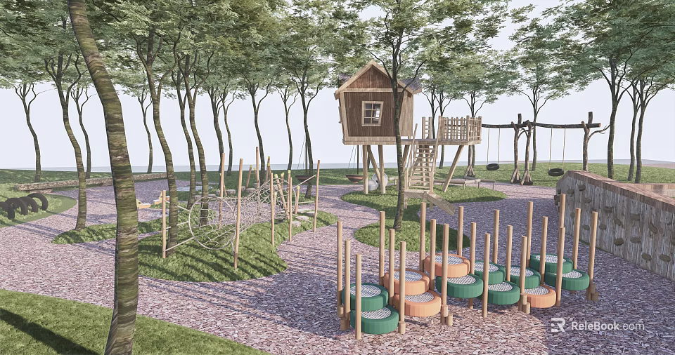 Kids Play Area With Tree House Climbing Frames Swings And Wooden Circular Steps 3d model 
