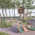 Kids Play Area With Tree House Climbing Frames Swings And Wooden Circular Steps