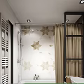 Elegant Bathroom Interior Design With Hexagonal Tiles Bathtub Shower Fixture And Curtain