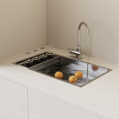 Kitchen Sink With Faucet Water Flowing And Oranges On Drainer Rack 3d model