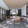 Modern Restaurant Interior With Round Dining Table Wooden Chairs And Circular Chandelier