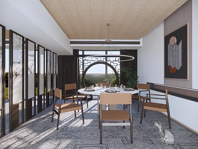 Modern Restaurant Interior With Round Dining Table Wooden Chairs And Circular Chandelier 3d model