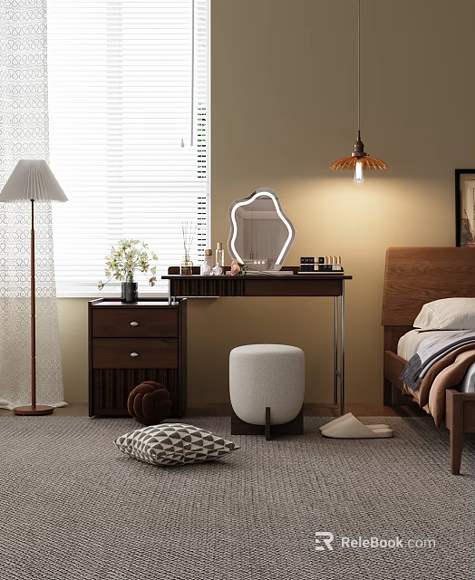 Stylish Bedroom Vanity Setup With Decorative Mirror Floor Lamp Padded Stool and Cosmetic Decor Items 3d model 