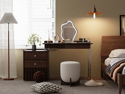 Stylish Bedroom Vanity Setup With Decorative Mirror Floor Lamp Padded Stool and Cosmetic Decor Items 3d model