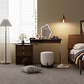 Stylish Bedroom Vanity Setup With Decorative Mirror Floor Lamp Padded Stool and Cosmetic Decor Items