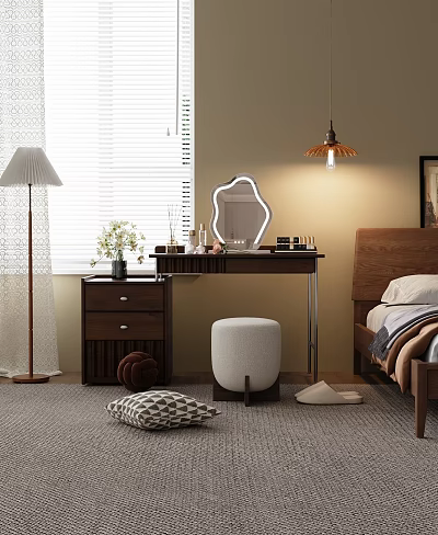 Stylish Bedroom Vanity Setup With Decorative Mirror Floor Lamp Padded Stool and Cosmetic Decor Items 3d model