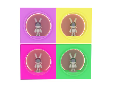 Colorful Decorative Ornament Set Featuring Rabbit Figurines in Astronaut Helmets and Square Frames 3d model