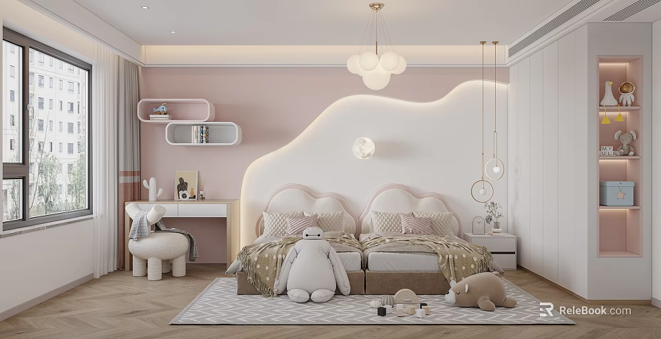 Cozy Kids Bedroom With Pastel Walls Plush Toys And Cloud Headboard 3d model 