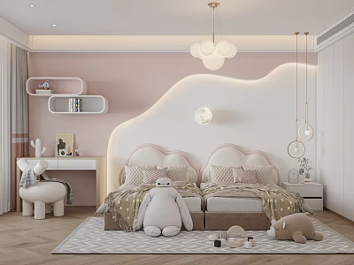 Cozy Kids Bedroom With Pastel Walls Plush Toys And Cloud Headboard 3d model