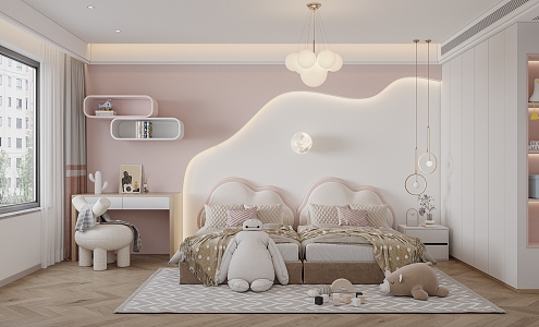 Modern Children's Room Cream Children's Room Cream Girl Room Cloud Bed 3d model