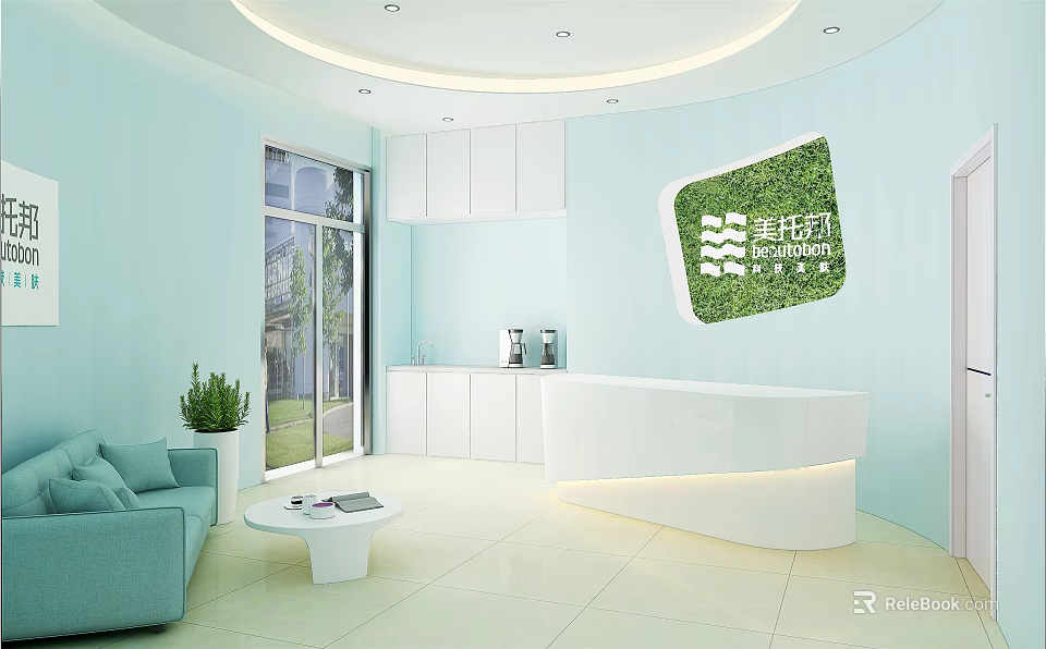 Modern Reception Area With Light Blue Walls White Desk Sofa Potted Plant And White Cabinets 3d model 