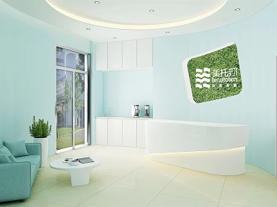 Modern Reception Area With Light Blue Walls White Desk Sofa Potted Plant And White Cabinets 3d model