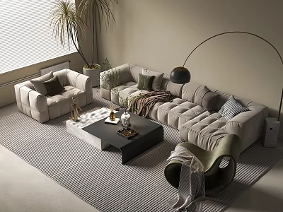 Modern Sofa Coffee Table Set With Palm Plant Arched Floor Lamp And Striped Rug 3d model