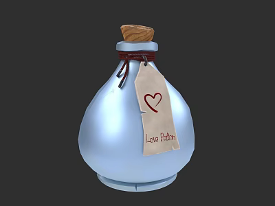 Elegant Love Potion Perfume in Blue Bottle with Wooden Cork and Heart Label 3d model
