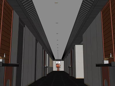 Elegant Hotel Corridor With Long Passage Ceiling Lights And Wooden Wall Panels 3d model