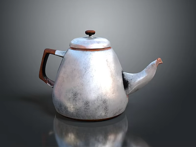 Vintage Silver Metal Teapot With Brown Handle And Small Lid Knob 3d model
