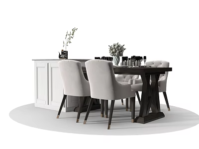 Modern Dining Table Set With Upholstered Chairs White Cabinet Vase With Plants And Wine Glasses 3d model
