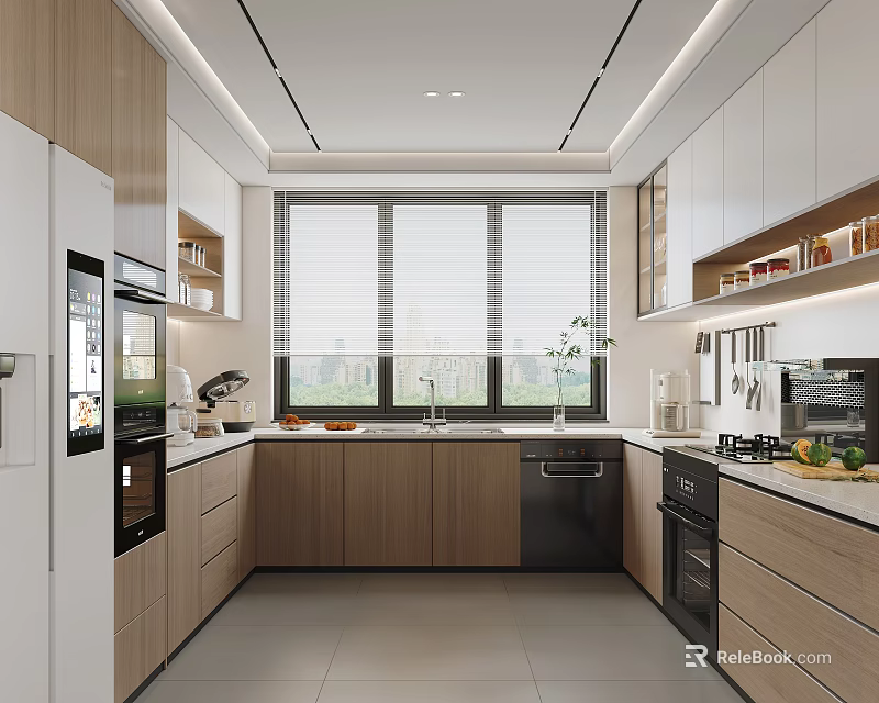 Modern Kitchen Interior Design With Wooden White Cabinets Large Window Countertop And Appliances 3d model 