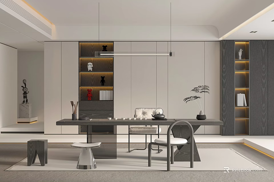 Modern Tea Room Interior With Table Chairs Shelves And Decorations 3d model
