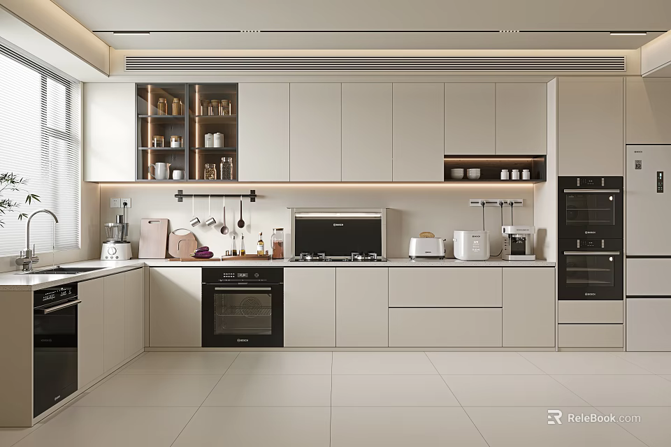 Modern Kitchen Interior With White Cabinets Built in Appliances And Countertop 3d model 