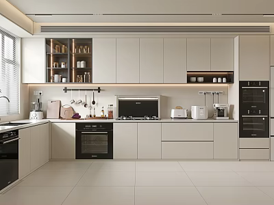 Modern Kitchen Interior With White Cabinets Built in Appliances And Countertop 3d model