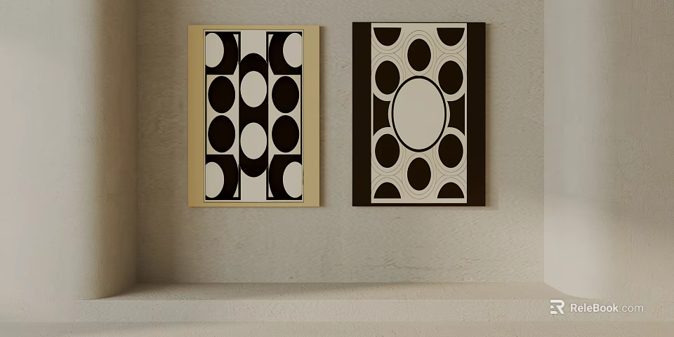 Decorative Paintings With Black White Circular Patterns Yellow Dark Frames On Light Colored Wall 3d model