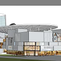 Modern Commercial Complex With Circular Rooftop Small Pavilions Greenery And Retail Shops 3d model
