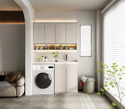 Modern Home Balcony Interior With Washing Machine White Cabinets And Green Plants 3d model