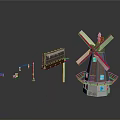 Red White Bladed Windmill With Billboard Traffic Light And Bench As Scenic Components