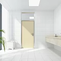 Public Restroom Interior With Yellow Handrails Toilet Sink And White Tiles