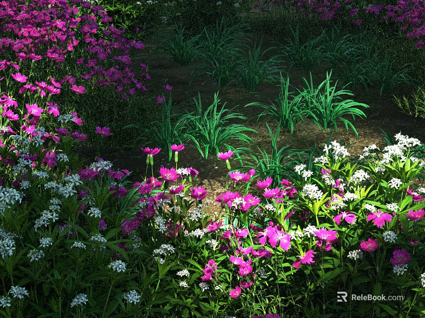 Vibrant Park Garden Landscape With Pink And White Flowers Lush Green Grass And Foliage 3d model 
